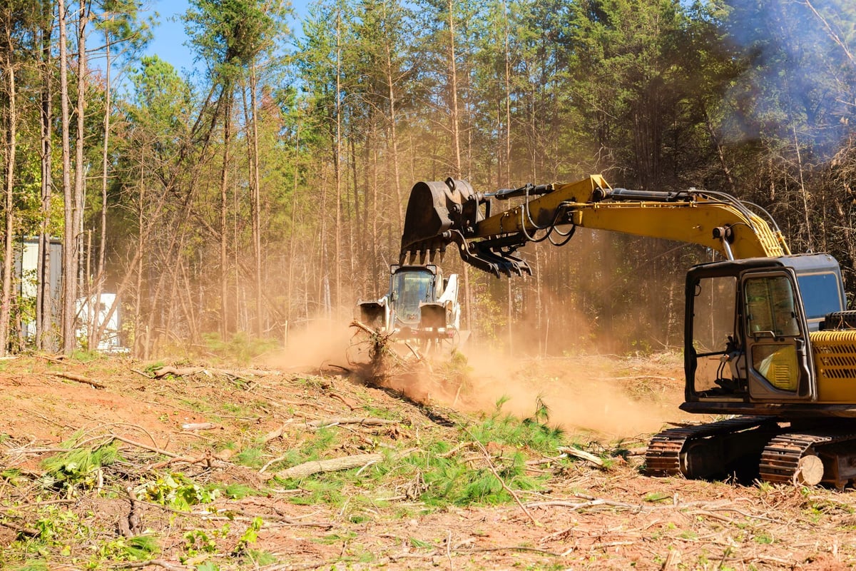 Excavators and bulldozers clearing a forested site to prepare for construction