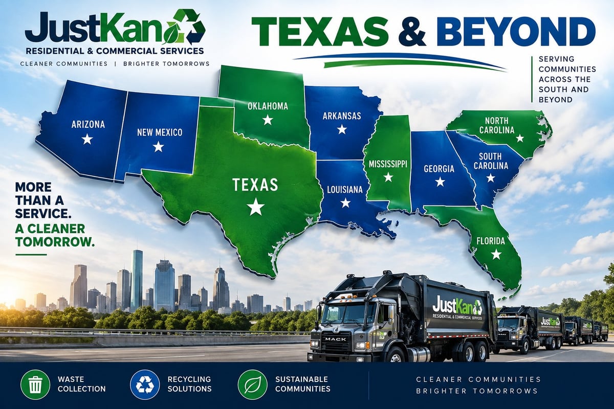 JustKan Residential & Commercial Services Texas & Beyond service map showing coverage across Texas and surrounding states
